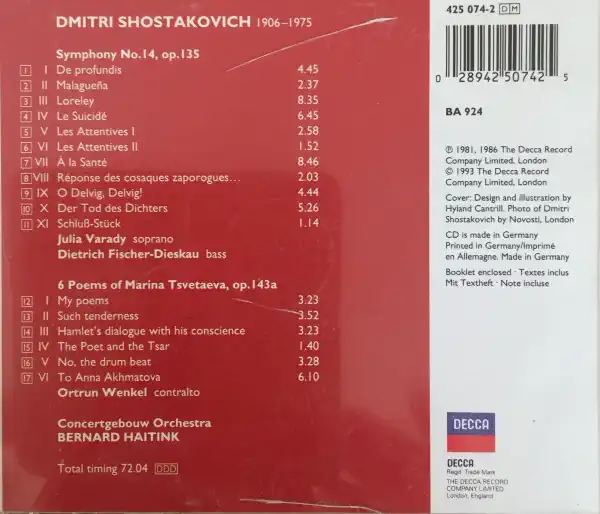 Shostakovich - Symphony No. 14, Op. 135 - CD plast /bazarové zboží/