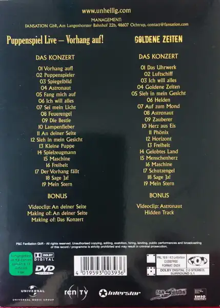 Unheilig - Puppenspiel Live / Goldene Zeit - 2xDVD /digipack/bazarové zboží/