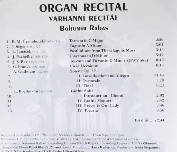 Bohumír Rabas - Organ Recital - CD /plast/